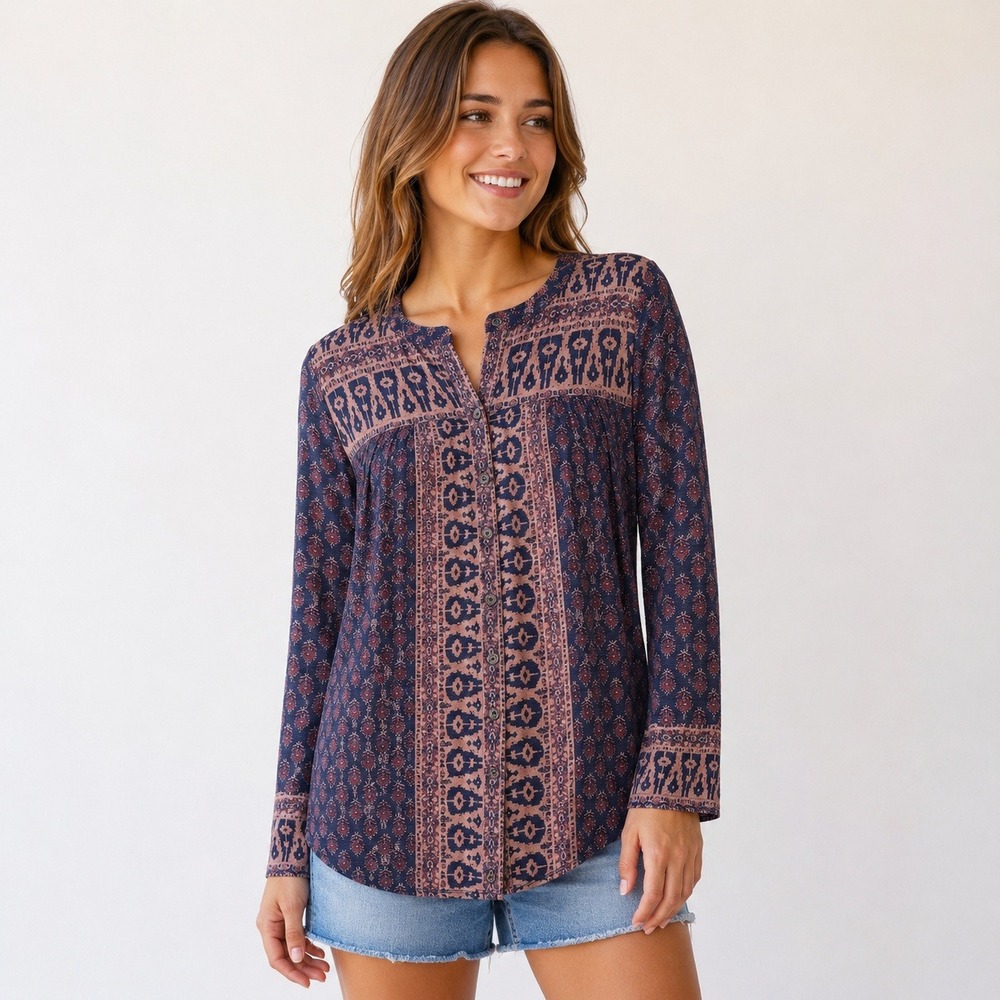 Lucky Brand Purple Ikat Floral Henley Blouse Long Sleeve Boho Top Medium - Picture 1 of 12